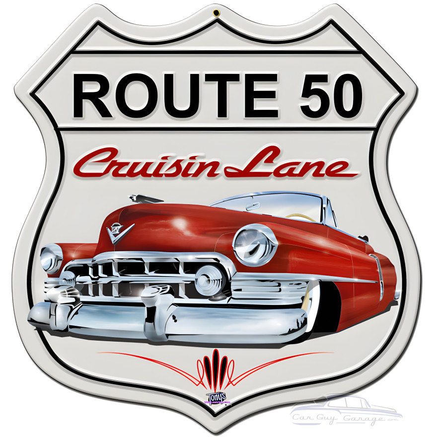 Route 50 Cadillac Crusing Metal Sign - 15" x 15"