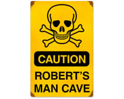 Caution Man Cave with Wood Frame Sign