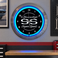 Chevrolet Neon Wall Clock SS Super Sport Blue 15 Inch