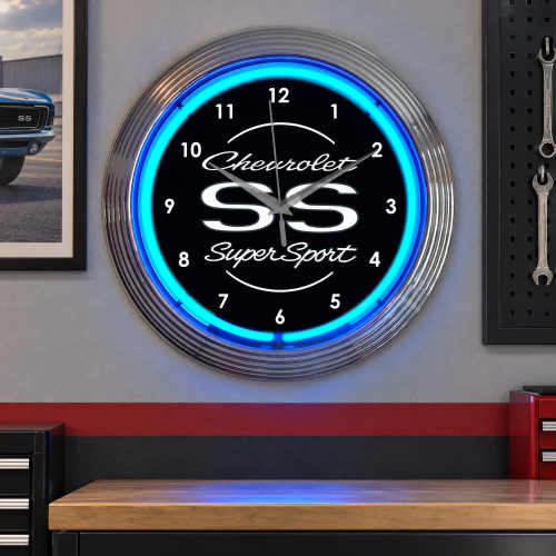 Chevrolet Neon Wall Clock SS Super Sport Blue 15 Inch
