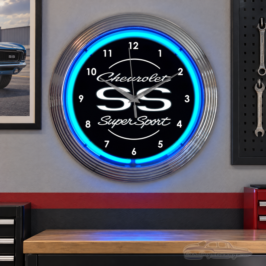 Chevrolet Neon Wall Clock SS Super Sport Blue 15 Inch
