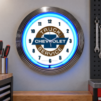 Chevrolet Truck Service Blue Neon Wall Clock - 15 Inch Round