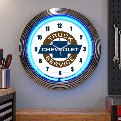 Chevrolet Truck Service Blue Neon Wall Clock - 15 Inch Round