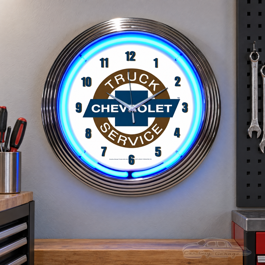 Chevrolet Truck Service Blue Neon Wall Clock - 15 Inch Round