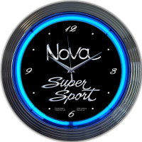 Chevrolet Nova Super Sport Blue Neon Wall Clock - 15" Round