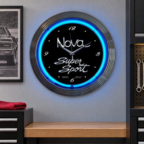 Chevrolet Nova Super Sport Blue Neon Wall Clock - 15 Inch Round