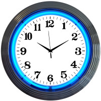 Retro Blue Neon Wall Clock with Chrome Rim - 15 Inch