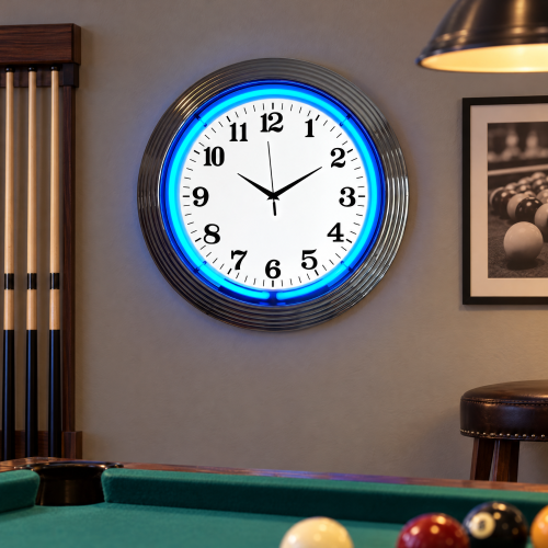 Retro Blue Neon Wall Clock with Chrome Rim - 15 Inch
