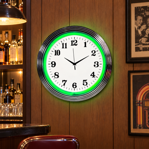 Green Neon Wall Clock - 15 Inch Art Deco Chrome Round