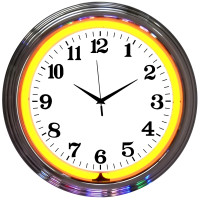 Chrome Orange Neon Wall Clock, Retro Art Deco Plug-In - 15" Round