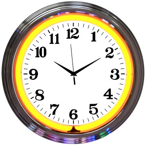 Chrome Orange Neon Wall Clock, Retro Art Deco Plug-In - 15" Round