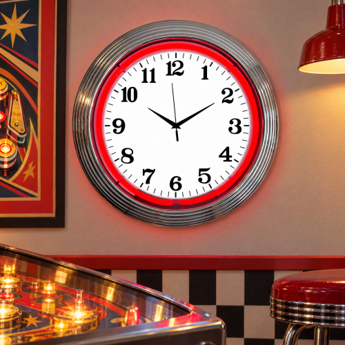 Red Neon Wall Clock Chrome Art Deco Plug In 15 Inch