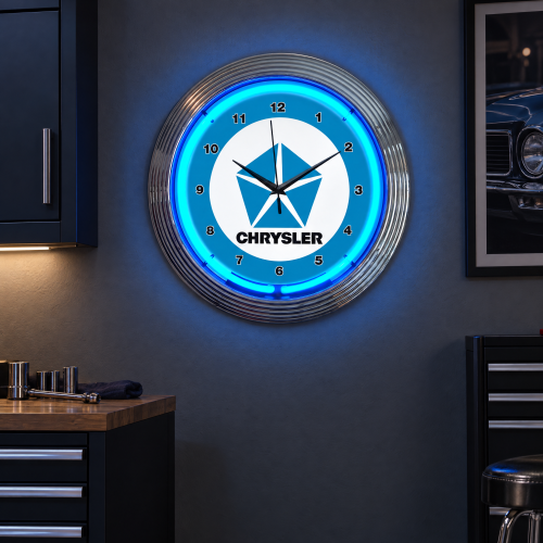 Chrysler Pentastar Blue Neon Garage Wall Clock - 15 Inch