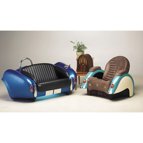 Bright White and Blue Cobra with Black Leather Couch
