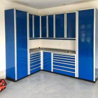 L-Shaped Aluminum Garage Cabinet Set with Closets, Made in USA