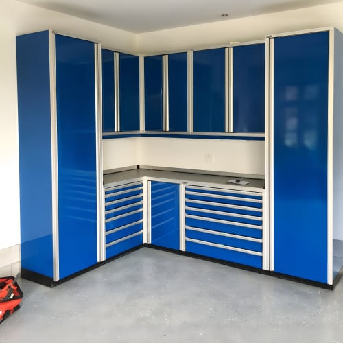 L-Shaped Aluminum Garage Cabinet Set with Closets, Made in USA
