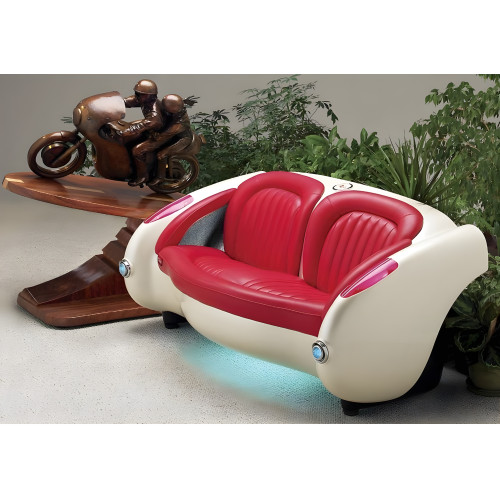 1957 Vibrant White Corvette with Bright Red Leather Couch
