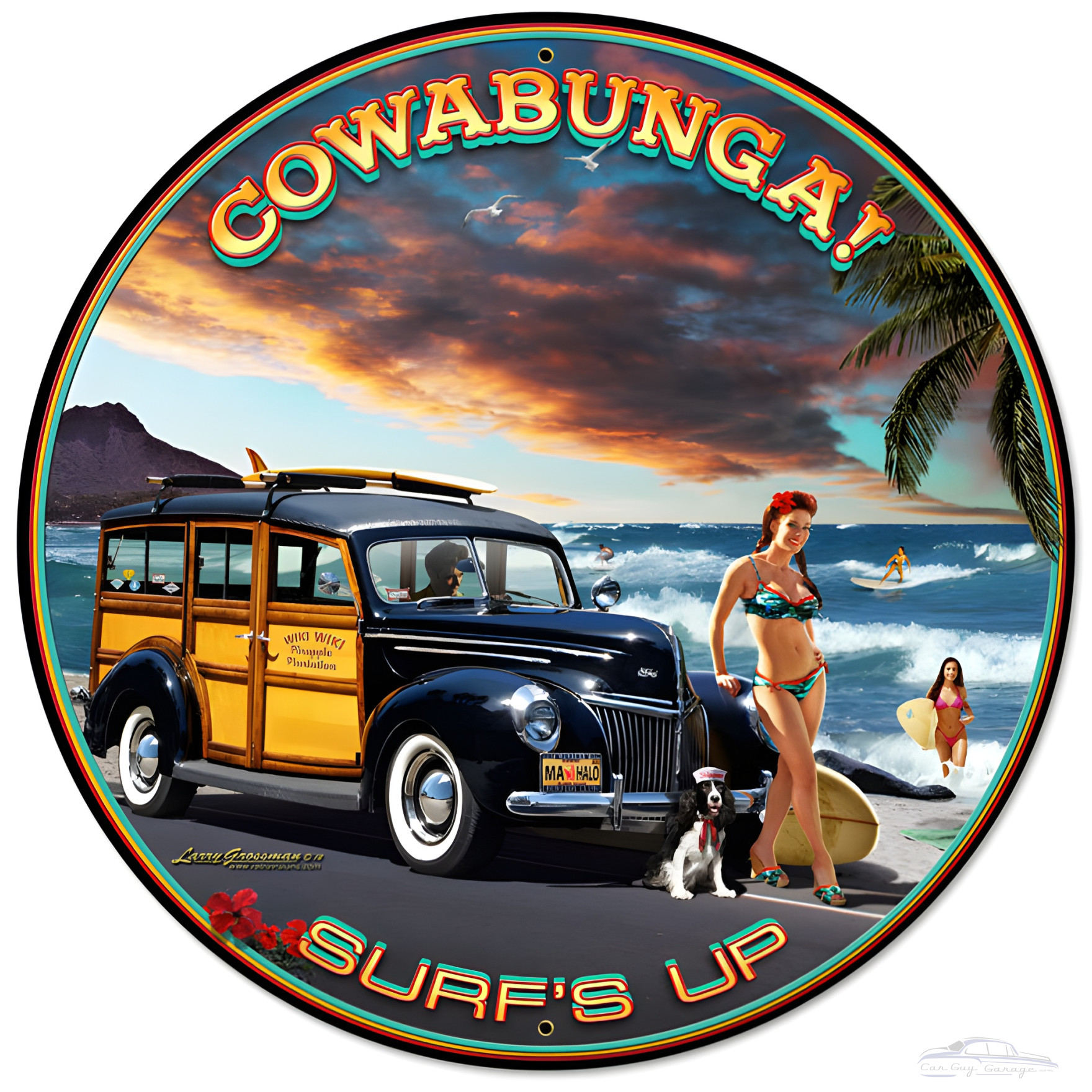 Cowabunga Round Metal Sign - Surf Woody Art