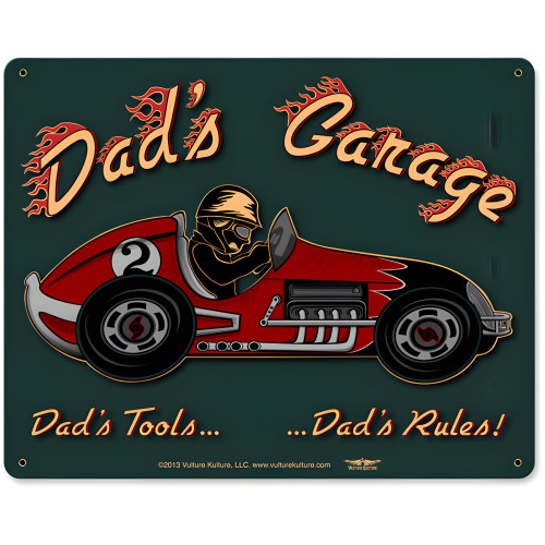 Dad's Garage Racecar Metal Sign - 15" x 12"