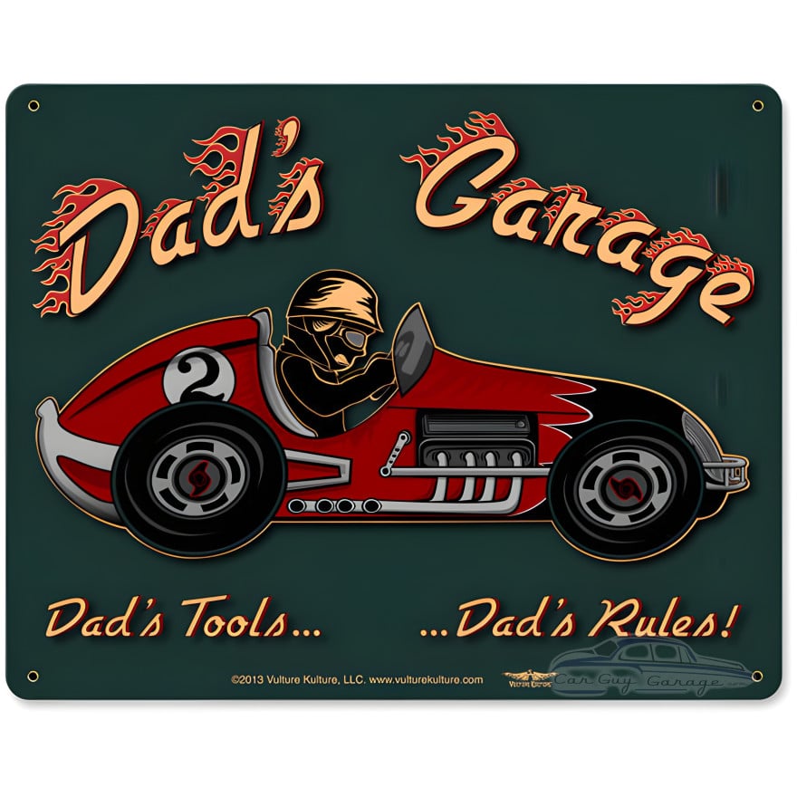 Dad's Garage Racecar Metal Sign - 15" x 12"