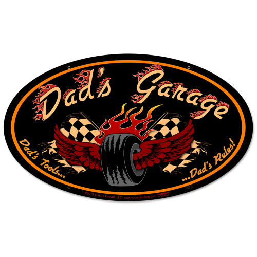 Dad's Garage Tire Metal Sign - 24" x 12"