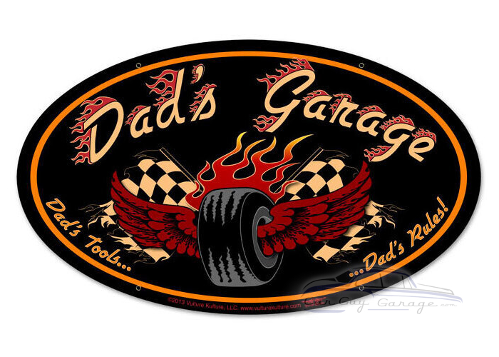 Dad's Garage Tire Metal Sign - 24" x 12"