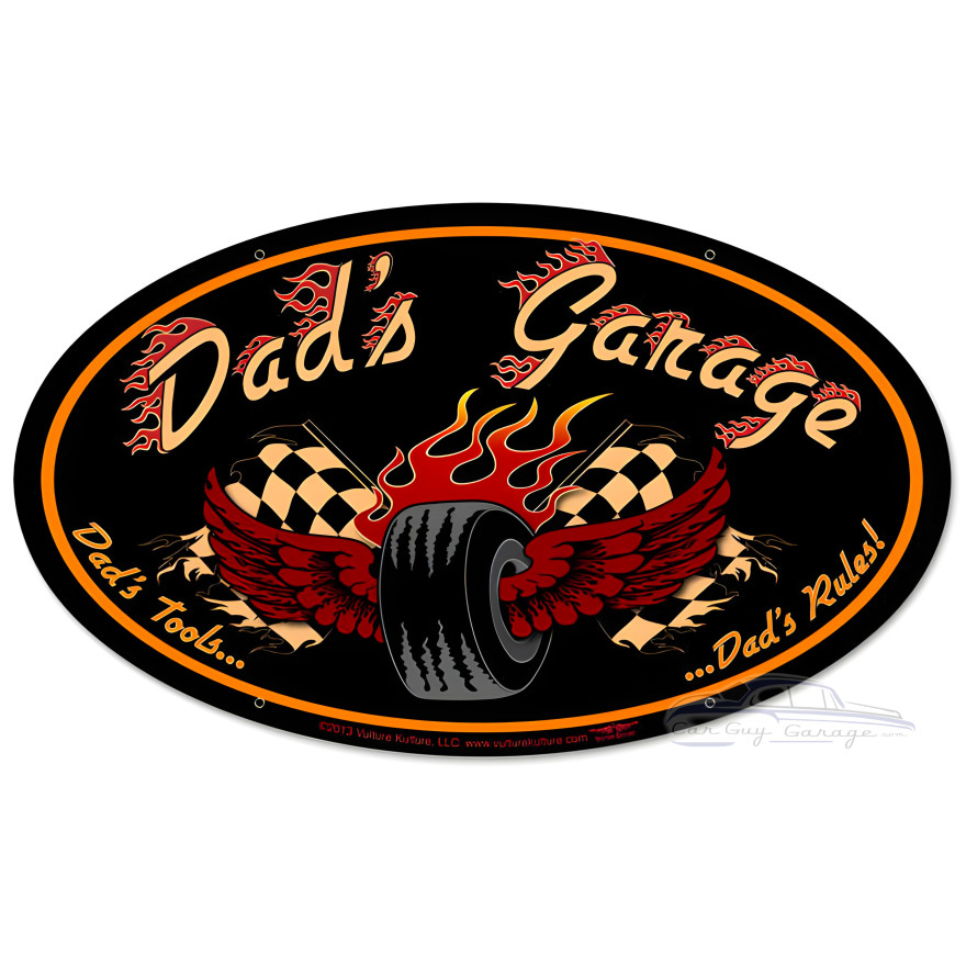Dad's Garage Tire Metal Sign - 24" x 12"
