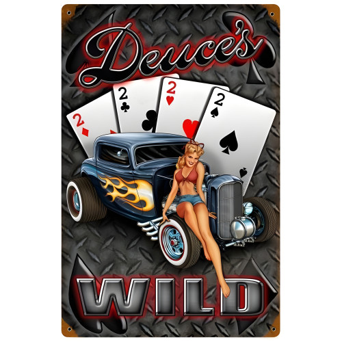 Deuces Wild Hot Rod Metal Sign - 12" x 18"