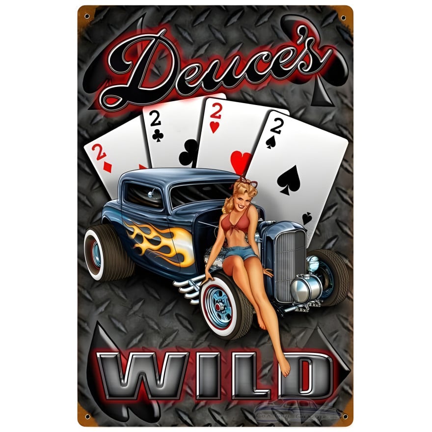 Deuces Wild Hot Rod Metal Sign - 12" x 18"