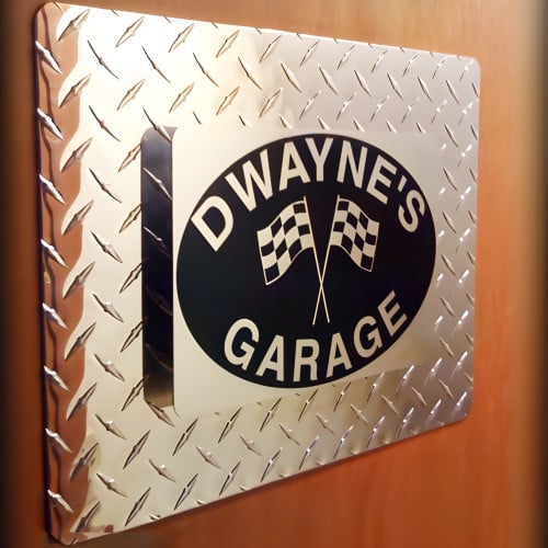 Personalized Diamond Plate Metal Garage Sign with Checkered Flags