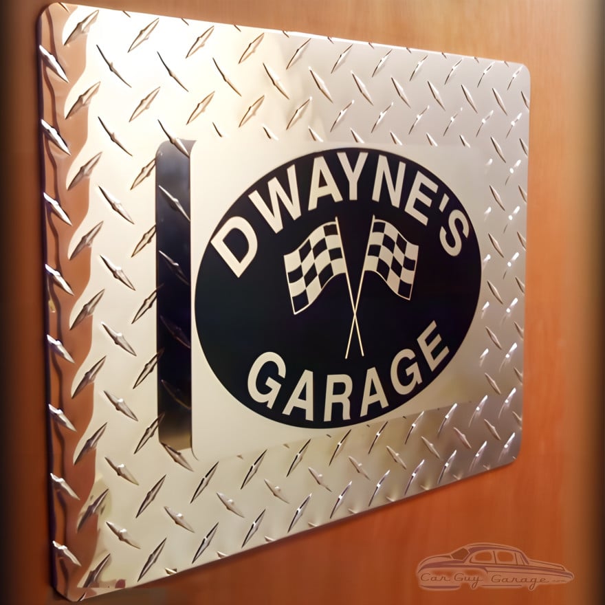 Personalized Diamond Plate Metal Garage Sign with Checkered Flags