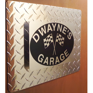 Personalized Diamond Plate Garage Sign - Checkered Flags Aluminum