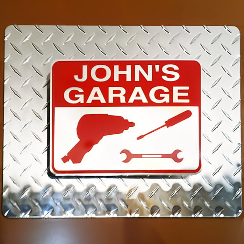 Personalized Diamond Plate Metal Garage Sign with Tools