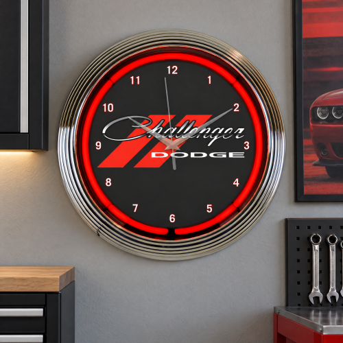 Dodge Challenger Red Neon Garage Wall Clock - 15 Inch Round