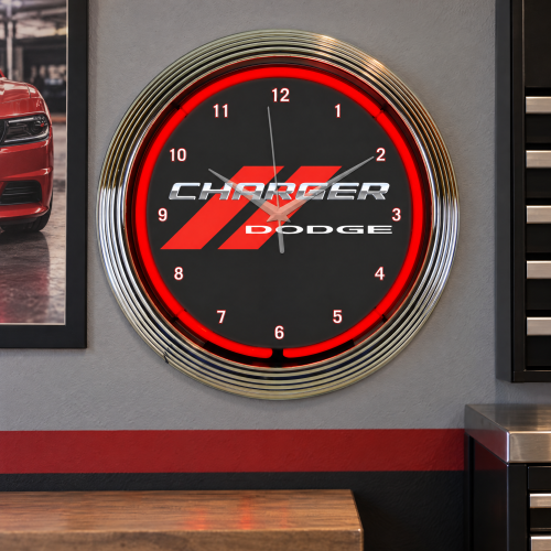 Dodge Charger Red Neon Wall Clock - 15 Inch Garage Clock