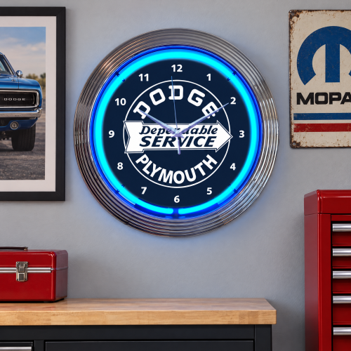 Dodge Plymouth Dependable Service Blue Neon Wall Clock