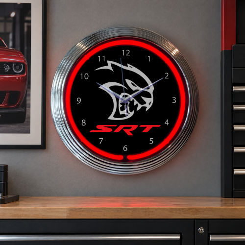 Dodge SRT Hellcat Red Neon Garage Wall Clock - 15 Inch