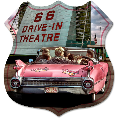 66 Drive In Theatre Shield Shape Metal Sign - 15" x 15"