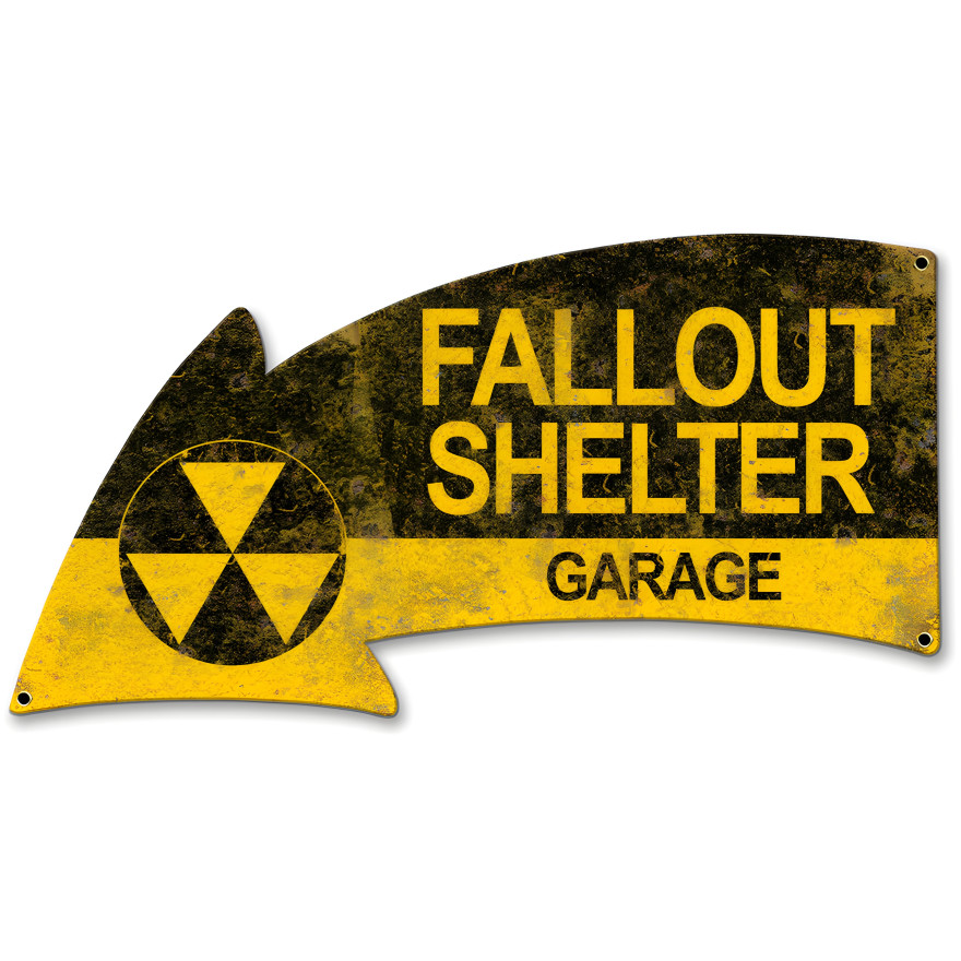 Fallout Shelter Garage Arrow Metal Sign - 21" x 11"