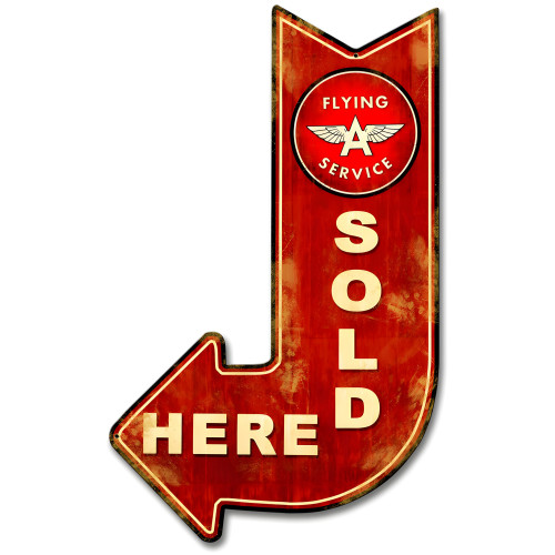 Flying A Red Sold Here Arrow Metal Sign - 15" x 24"