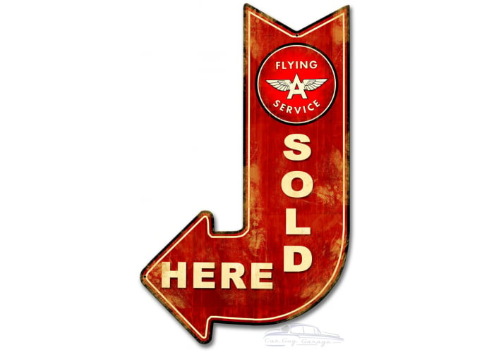 Flying A Red Sold Here Arrow Metal Sign - 15" x 24"