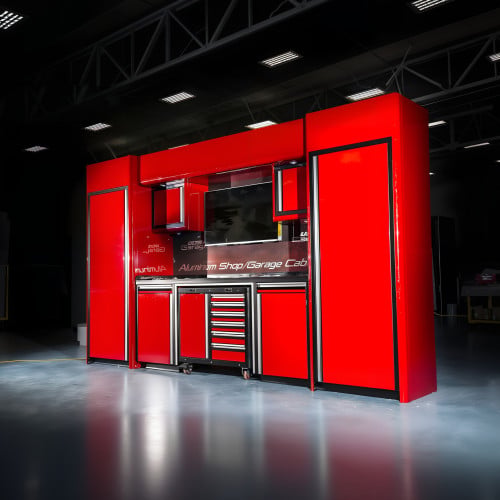 14-Foot Aluminum Garage Cabinets with Closets and Workbench