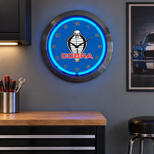 Ford Cobra Blue Neon Wall Clock - 15 Inch Garage Decor