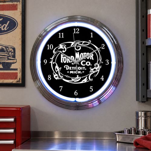Ford Neon Wall Clock - 1903 Heritage Garage Clock, 15 Inch