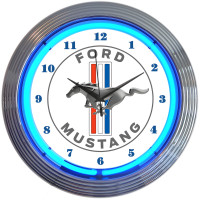 Ford Mustang Blue Neon Garage Wall Clock - 15" Round