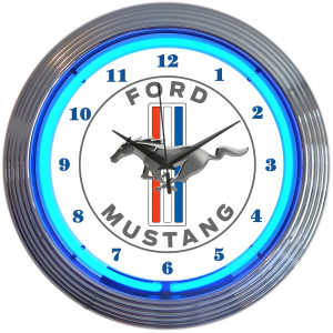 Ford Mustang Blue Neon Garage Wall Clock - 15" Round