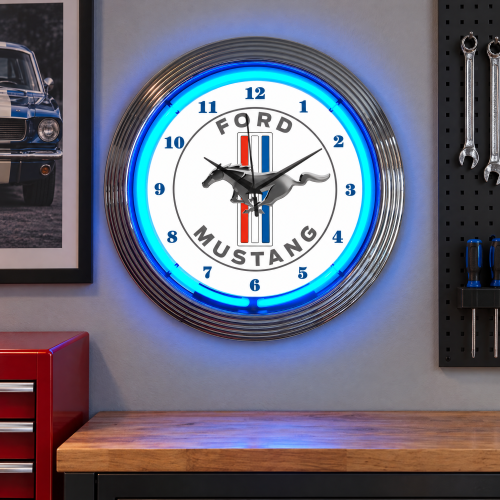 Ford Mustang Neon Wall Clock with Blue Glow - 15 Inch