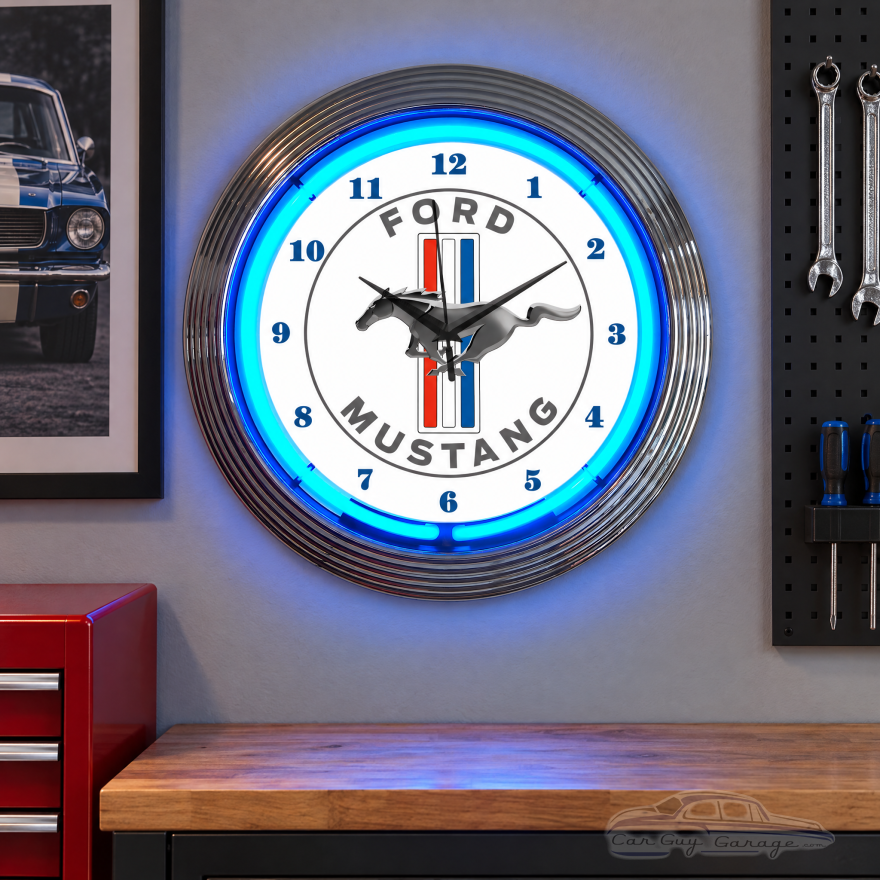 Ford Mustang Neon Wall Clock with Blue Glow - 15 Inch