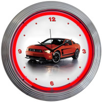 Ford Mustang Boss 302 Red Neon Wall Clock with Chrome Rim - 15" Round