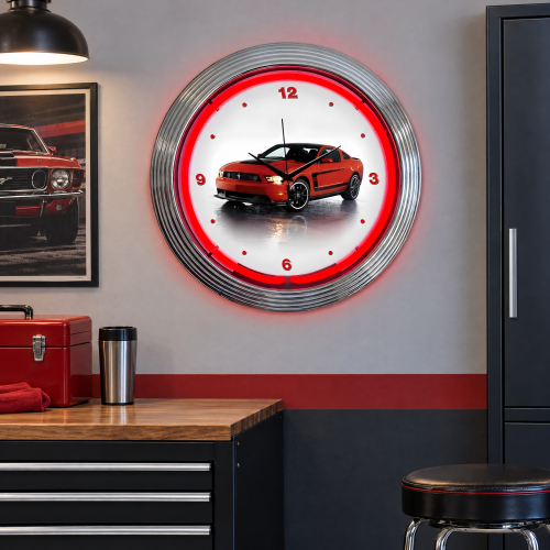 Ford Mustang Boss 302 Neon Wall Clock with Chrome Rim